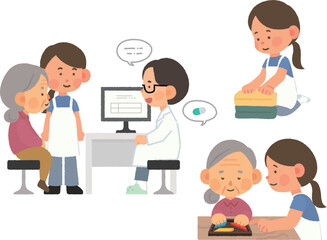 Welfare Illustration for the Elderly - Accompanying the Hospital and Helping with Housework and Play