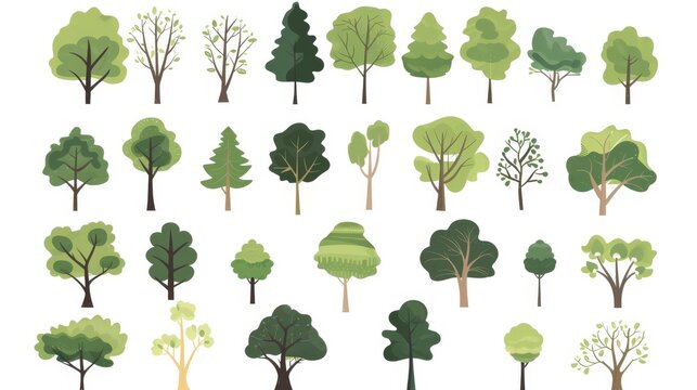 Cartoon trees set isolated on a white background. Simple modern style. Cute green plants, forest,