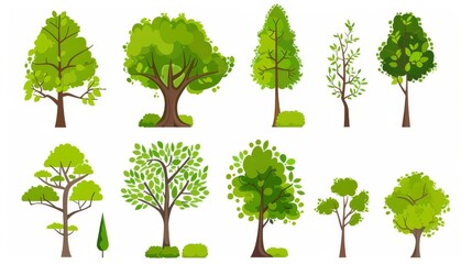 Cartoon trees set isolated on a white background. Simple modern style. Cute green plants, forest,