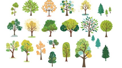 Cartoon trees set isolated on a white background. Simple modern style. Cute green plants, forest,