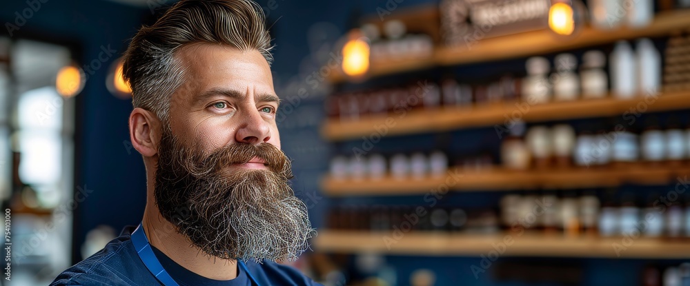 Poster man with beard standing in front of shelf of bottles