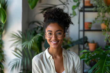 cool young poc woman wearing white shirt glasses portrait in modern office, diversity	
