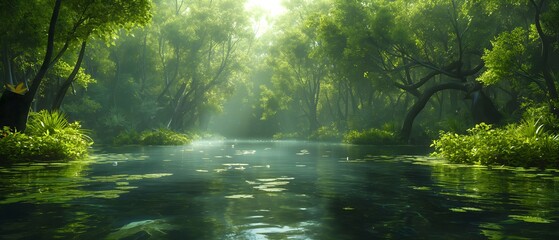 Fototapeta premium River Flowing Through Dense Tropical Forest. Illustration On The Theme Of Nature And Plants, Climate And Ecology. Generative AI