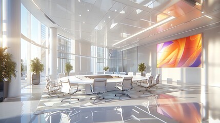 Luxurious and modern interior design conference room with large windows and surrounding scenery.