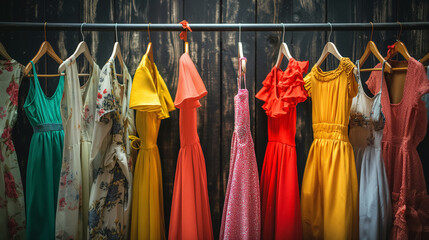 Colorful dresses hanging in a row.