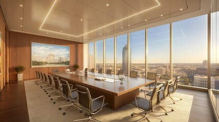 Luxurious and modern interior design conference room with large windows and surrounding scenery.