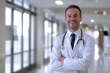 A smiling Hispanic male doctor in a hospital corridor