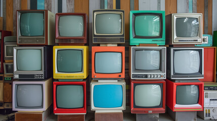 Vintage TVs stacked in colorful array.