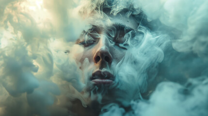 Person's face obscured by smoke. - obrazy, fototapety, plakaty