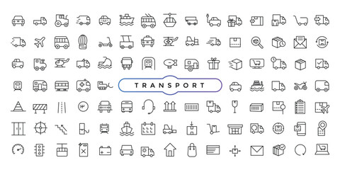 Naklejka na ściany i meble Transport Related Line Icons Set. Contains such Icons as Taxi, Train, Tram, Express Delivery, Tracking and more.