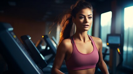 Fototapeta na wymiar A beautiful young woman exercising, running on a treadmill, doing exercises in the gym. Sports, Fitness, Workouts, Healthy lifestyle concepts.