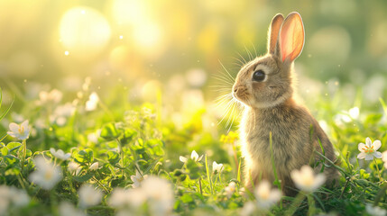 Rabbits. Beauty Art Design of Cute Little Easter Bunny in the Meadow. Spring Flowers and Green Grass. Sunbeams.