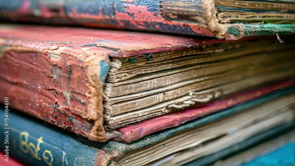 Aufkleber a closeup of a stack of textbooks with worn edges and scribbled notes peeking out from between the p