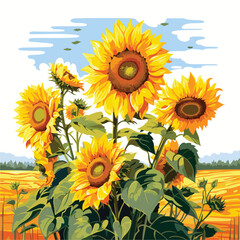 A cluster of sunflowers in a field. Vector clipart.