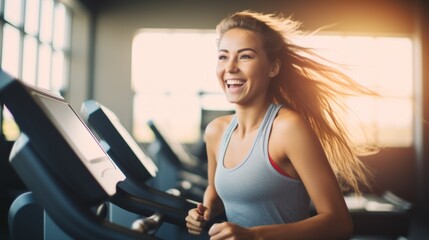Fototapeta na wymiar A happy smiling Beautiful young woman exercising, running on a treadmill, doing exercises in the gym. Sports, Fitness, Workouts, Healthy lifestyle concepts.