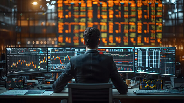 Back view of a financial analyst day trader working on computer with many screens that shows real-time stock data. Neural network generated image. Not based on any actual scene or pattern.