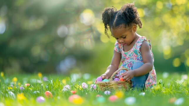 Little black skin girl hunting for egg in spring garden on Easter day. Beautiful spring sunny day in park. Traditional Easter festival outdoors.