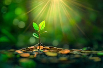 Fototapeta na wymiar Concept of growth, wealth accumulation. small plant growing on a pile of copper coins, bright light from above