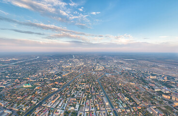 Astrakhan, Russia. Panorama of the city from the air in summer. Sunset time. Aerial view