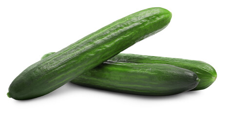 Three long fresh cucumbers isolated on white