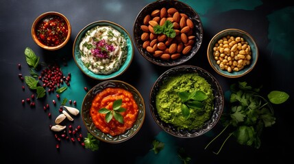 Vibrant ramadan feast: assorted arabic delicacies with fresh mint and almonds - cultural culinary spread for festive celebrations

 - obrazy, fototapety, plakaty