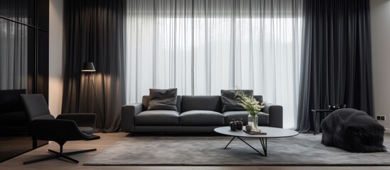A living room with minimalist furniture and a large window covered with black curtains and tulle. The room is furnished with comfortable chairs ideal for watching TV.