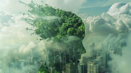 Sustainable environment concept. The image depicts human thinking towards preserving nature, reducing carbon footprint and building sustainable urban community for green future