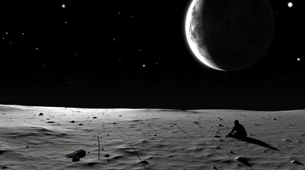 Stunning sci-fi landscape with lone figure resting on surface of mysterious alien planet