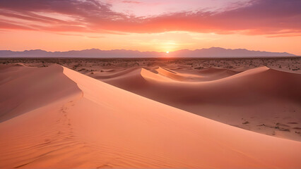 Sunset Over Majestic Sand Dunes A Tranquil Desert Landscape Illuminated by Golden Hour Light, Desert Sunset.