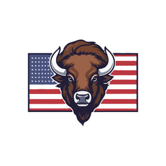 Creative American Bison vector logo design. Wild buffalo bull and American Flag. bison mascot illustration logo design
