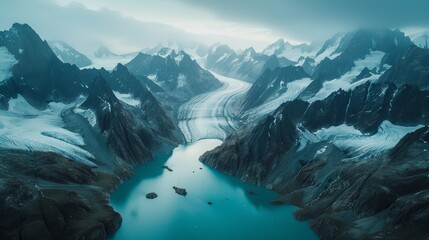A stunning aerial view of a glacier carving its path through mountains - obrazy, fototapety, plakaty