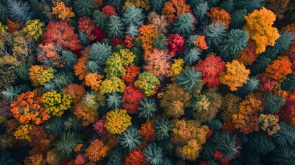 Naklejka na ściany i meble A sweeping drone view of autumn forests