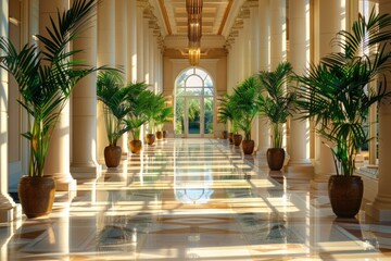 A grand hallway with high ceilings, polished marble floors, and a series of tall, architectural indoor plants 