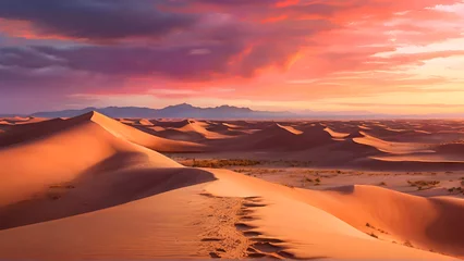 Foto op Canvas Sunset Over Desert. Golden Sand Dunes and Vibrant Sky A Beautiful and Peaceful Nature Scene. © spidygraphics
