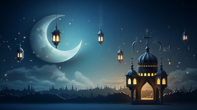 Eid mubarak greeting cards: celebrating eid-ul-adha and ramadan kareem with moonlit skies, lanterns, and doves - islamic festival culture and religion stock image

