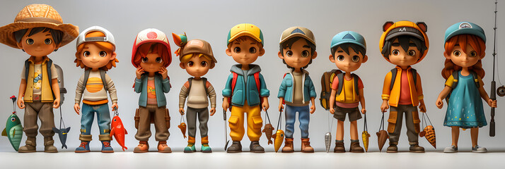 A 3D animated cartoon render of a diverse group of kids with fishing poles. - obrazy, fototapety, plakaty