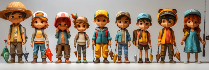 Fotobehang A 3D animated cartoon render of a diverse group of kids with fishing poles. © Render John