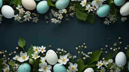 Easter eggs with decoration on a black background with copy space in the centre, Generative AI - 754106870