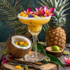 Tropical Fusion: A margarita featuring exotic fruits like mango, passion fruit, or pineapple, garnished with colorful tropical flowers and served in a coconut shell.