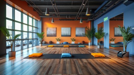 A vibrant fitness studio bustling with energetic group fitness classes