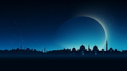 Naklejka premium Serene ramadan eid wallpaper: crescent moon over mosque silhouette against night sky