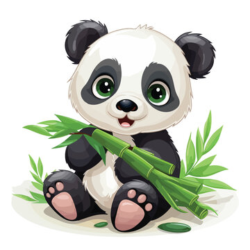 A cute panda eating bamboo. Vector clipart isolated.