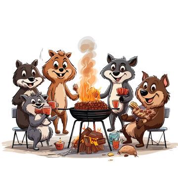 A group of animals having a movie night. Vector clipart.