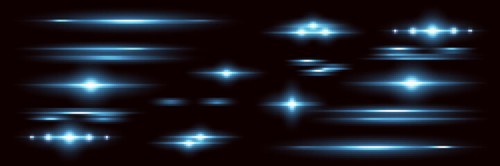 Blue horizontal lens flares pack. Laser beams, horizontal light flares. Glowing streaks on dark background. Luminous abstract sparkling lined background.
