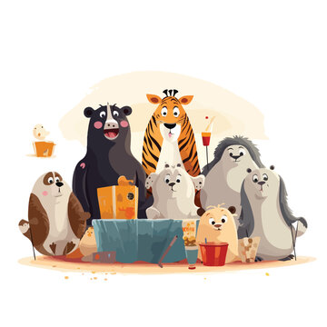 A group of animals having a movie night. Vector clipart.