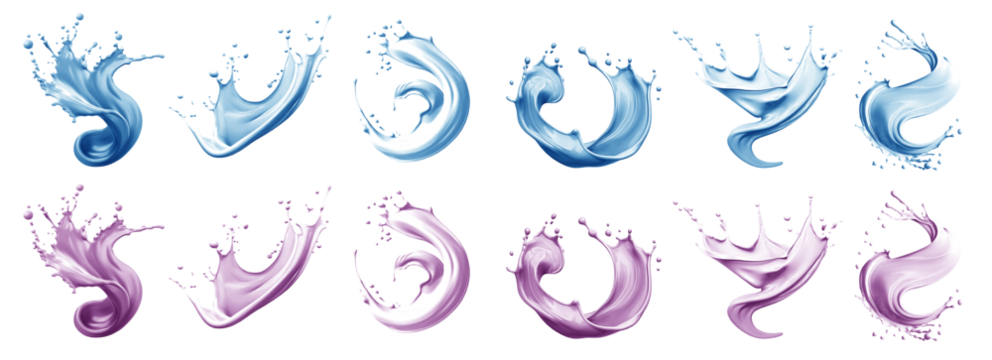 2 Set of pastel light blue purple cream liquid paint ink splash swirl wave on transparent background cutout, PNG file. Many assorted different design. Mockup template for artwork graphic design