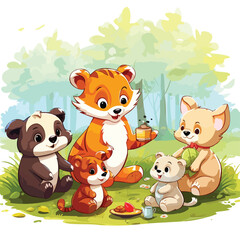 A group of animals having a picnic. Vector clipart.