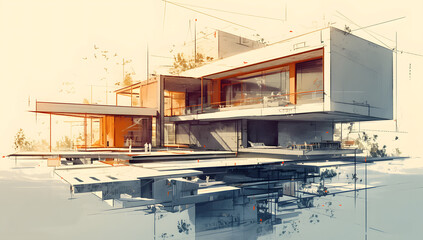 A 3D architectural model of a house positioned over blueprints, emphasizing the construction plans for the home. House building, 3D model, Sketch, and Architecture planning.