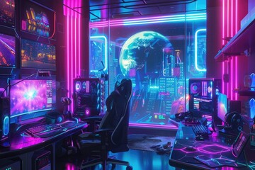 A futuristic gaming setup in a room with dynamic LED wall panels that change color according to the game's actions. 