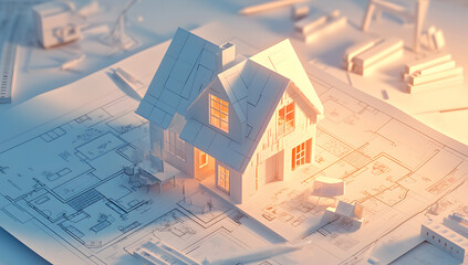 A 3D architectural model of a house positioned over blueprints, emphasizing the construction plans for the home. House building, 3D model, Sketch, and Architecture planning.